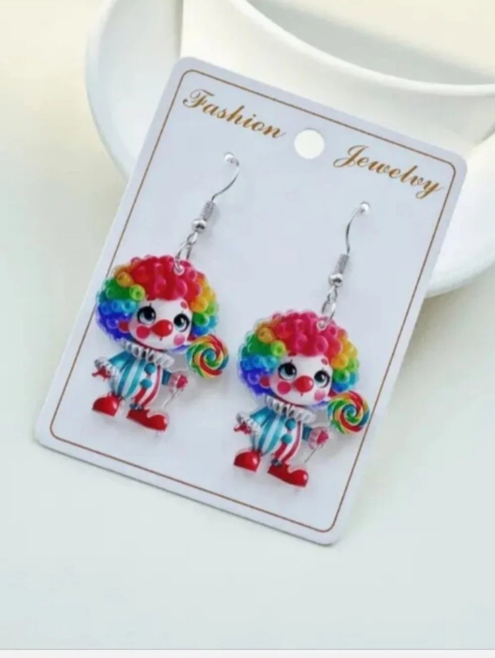 Rainbow Clown Dangle Earrings - Colorful Clown with Lollipop